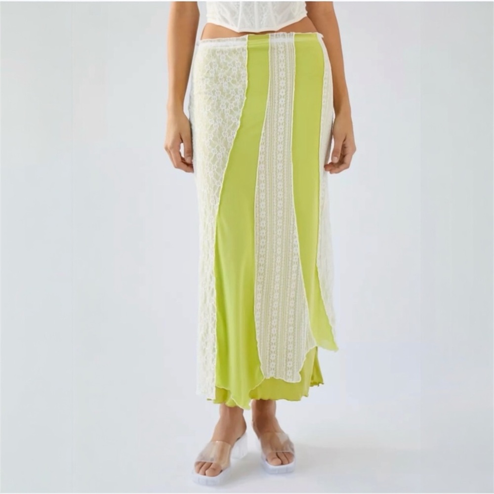 Urban Outfitters Lime Green Lace Trim Maxi Skirt Asymmetrical Textured | Size S